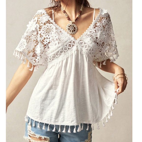 Boho White Cotton Floral Embroidered Tassel Detail Blouse - Picture 2 of 7